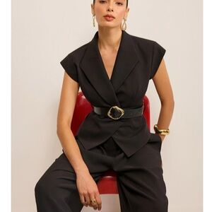 Commense Black pant suit. belted peplum vest & Wide leg pants with pleats.